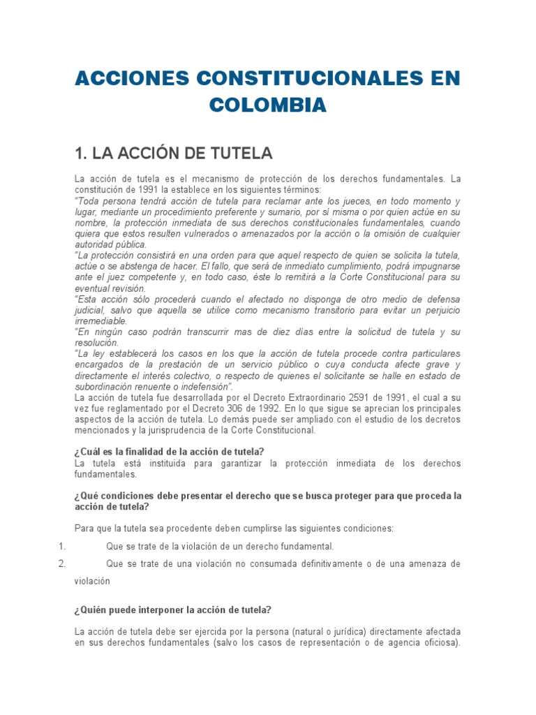 Acciones Constitucionales en Colombia | PDF | Petición | Constitución