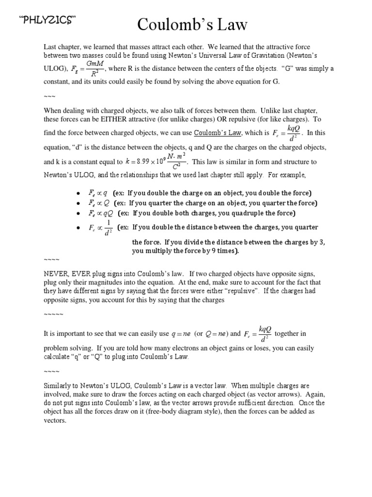 D4and5 Coulombs Law Worksheet With Reading Assignment Attached Pdf Electric Charge Electrostatics