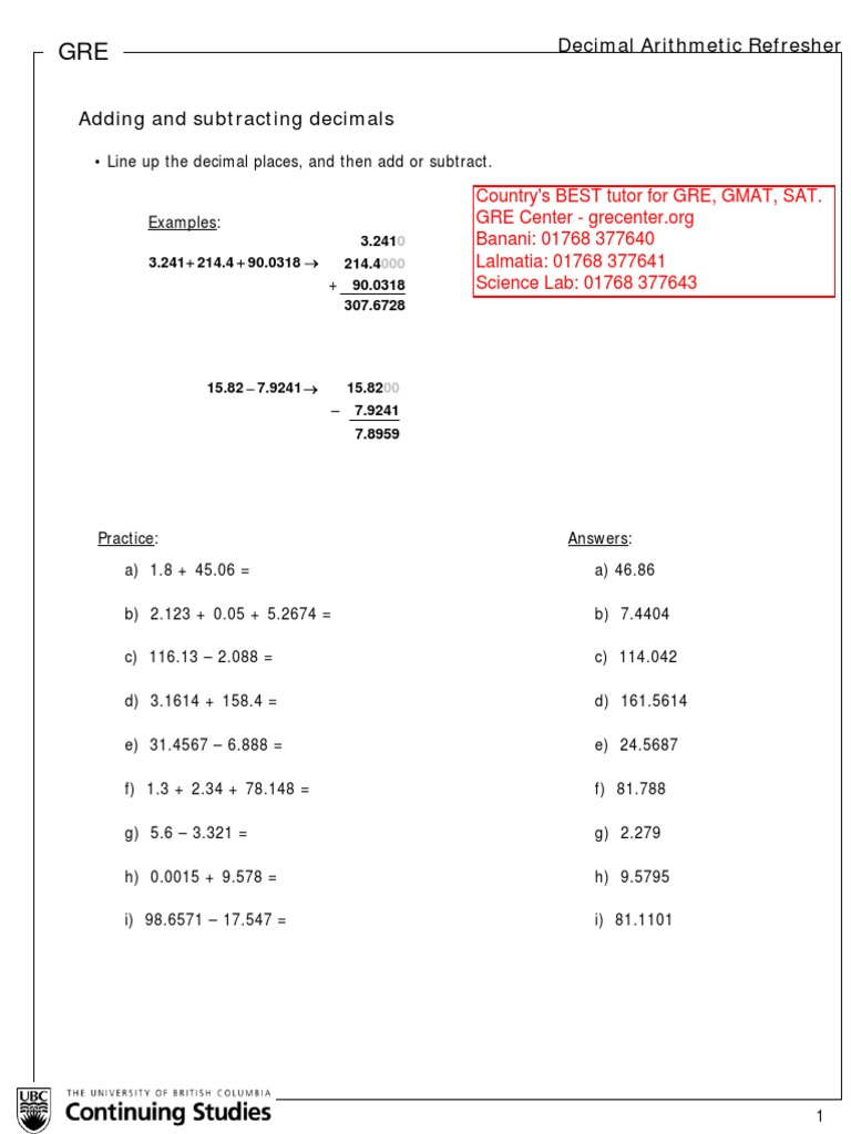 Decimal Arithmetic Refresher PDF Mathematical Concepts