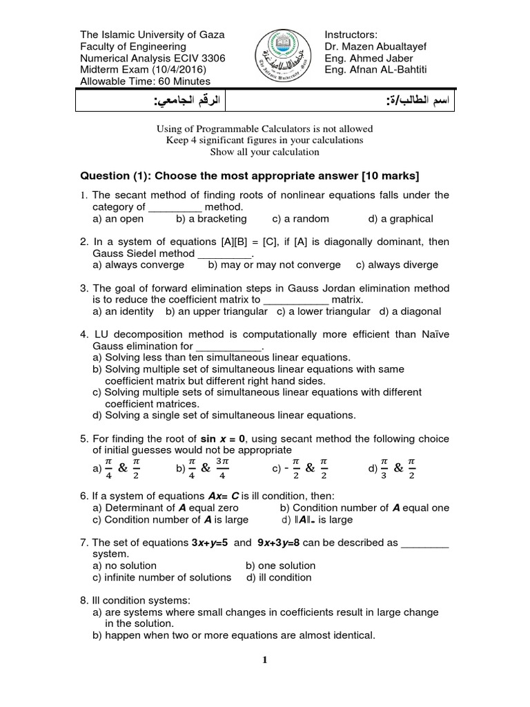 Numerical Analysis Midterm Exam 2016 | PDF | Matrix (Mathematics ...
