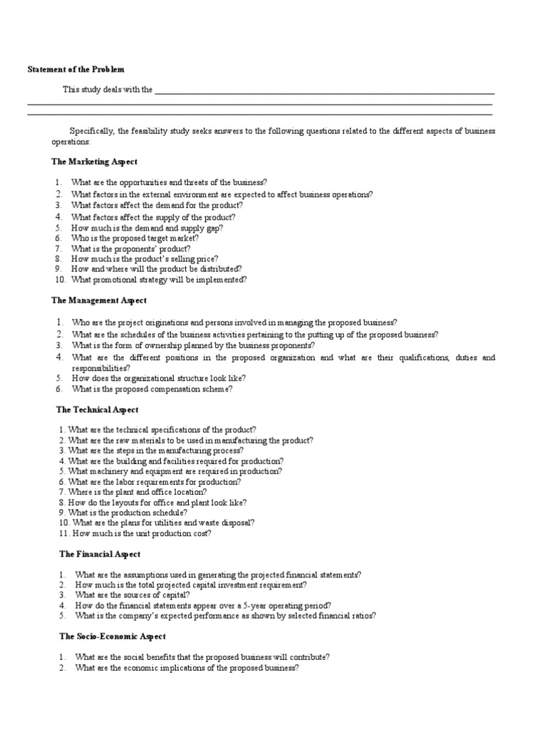 Statement of the Problem | Feasibility Study | Economics