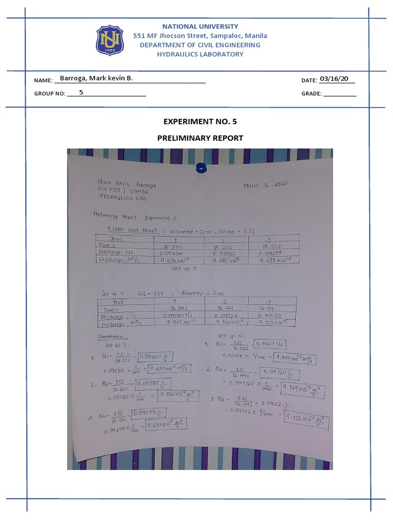 Preliminary Report on Hydraulics Laboratory Experiment No. 5 at the