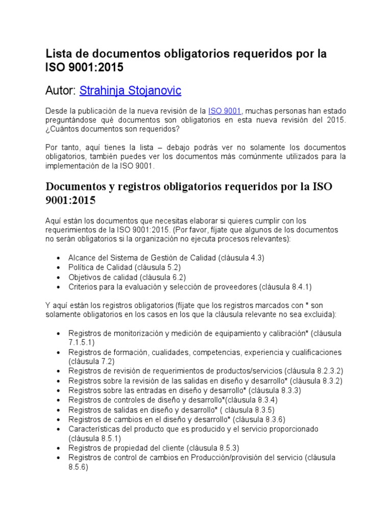 3 Lista de Documentos Obligatorios Segun La ISO 9001 | PDF ...