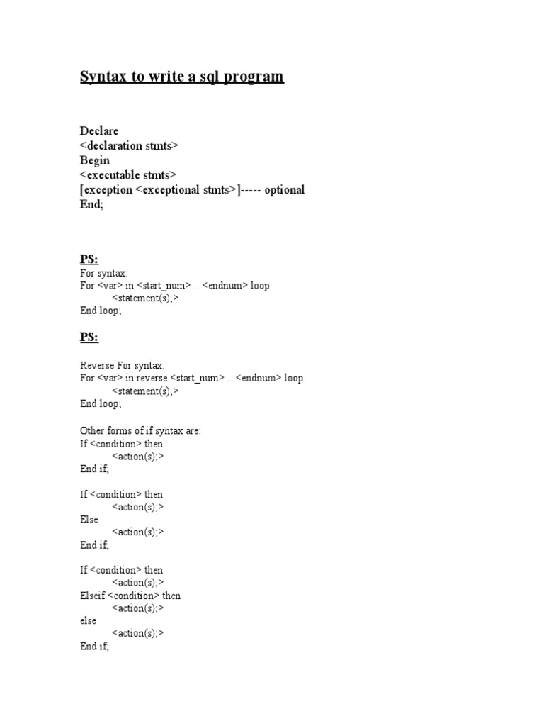 SQL Program Syntax and Examples | PDF | Teaching Methods & Materials