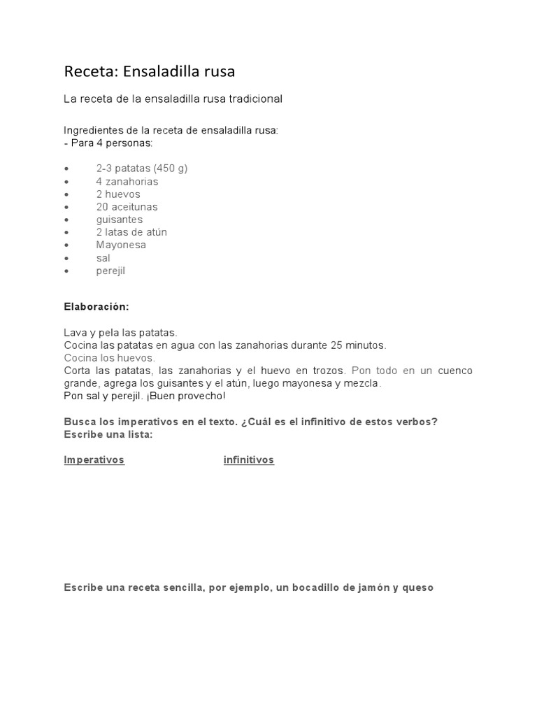 Receta Imperativo Ejercicios de Gramatica - 93632 | PDF