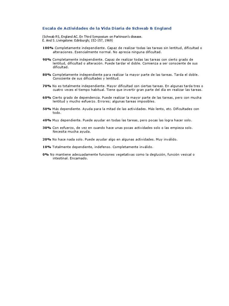 Escala de Actividades de La Vida Diaria de Schwab-England | PDF