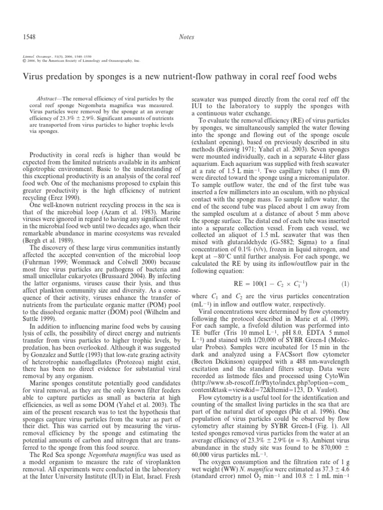 Virus Predation by Sponges Is A New NutrientFlow Pathway in Coral Reef Food s PDF Food
