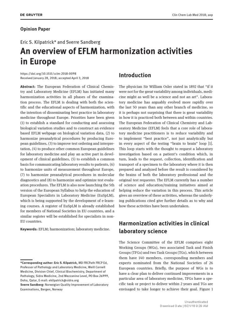 An Overview of EFLM Harmonization Activities in Europe: Eric S ...