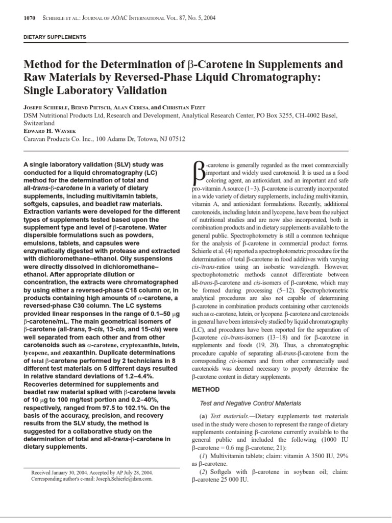 Method For The Determination of Beta Carotene in Supplements and Raw Materials by Reversed Phase