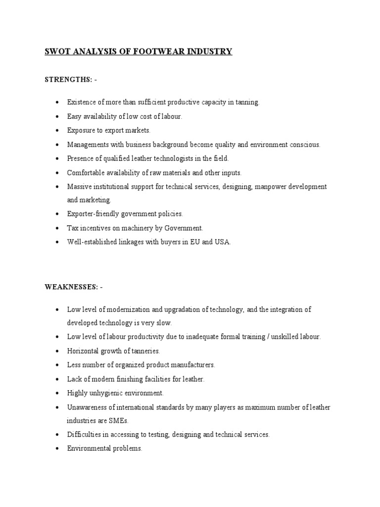 Swot Analysis of Footwear Industry PDF Leather Exports
