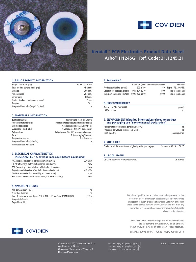 Kendall ECG Electrodes Product Data Sheet Arbo H124SG Ref. Code 31.