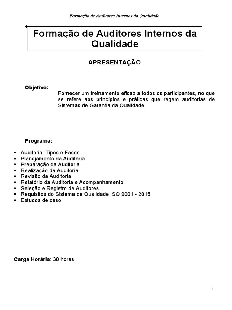 Treinamento de Auditores Internos ISO 9001 | PDF | ISO 9000 | Auditoria ...