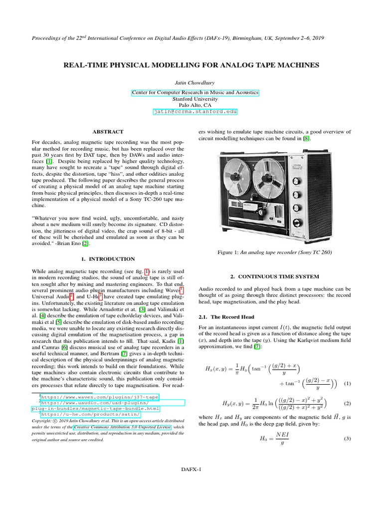 REAL-TIME PHYSICAL MODELLING FOR ANALOG TAPE MACHINES - Chowdhury 2019 ...
