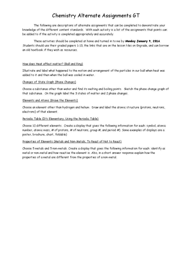 Chemistry Alternate Assignments GT | PDF | Technology & Engineering