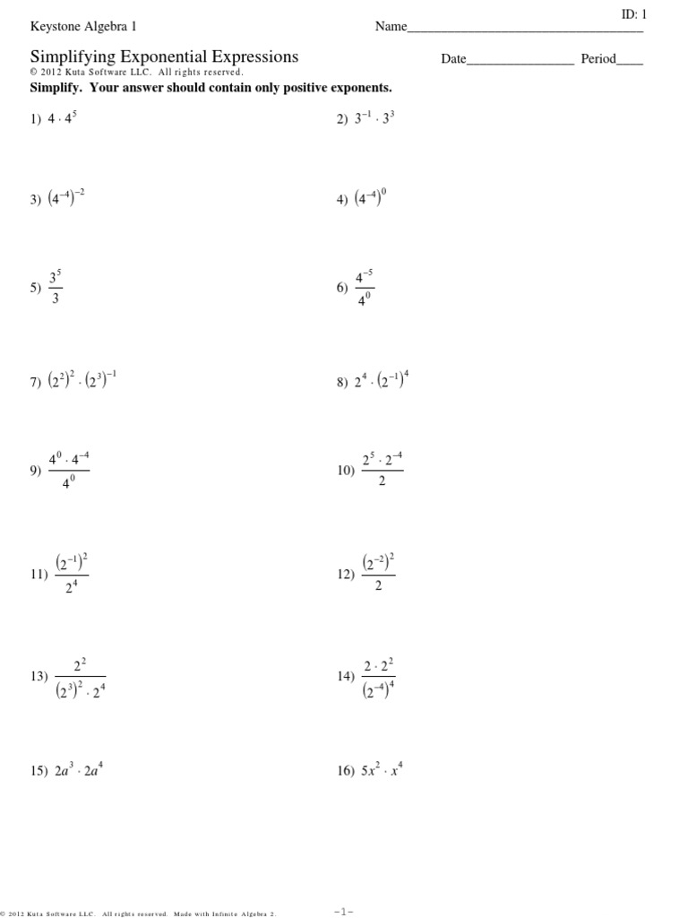 Keystone  Algebra 4 Simplifying Exponential Expressions  PDF Regarding Simplify  Exponential Expressions Worksheet