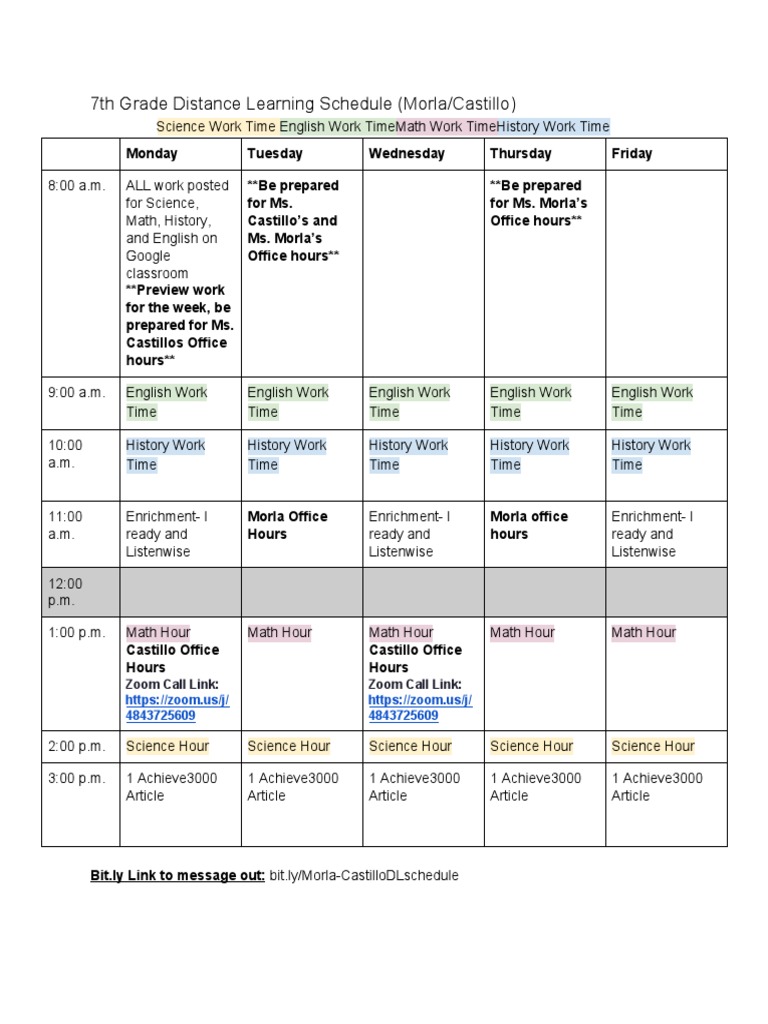 7th Grade Distance Learning Schedule | PDF