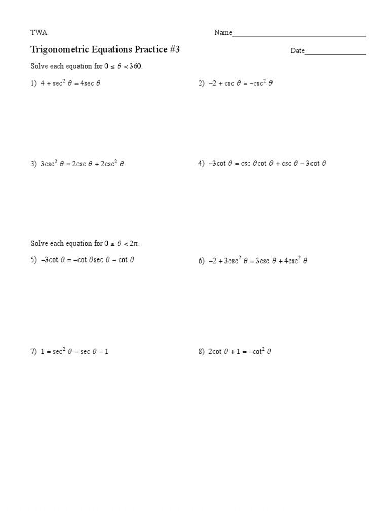 Trigonometric Equations Practice 3 | PDF | Equations | Mathematical Objects