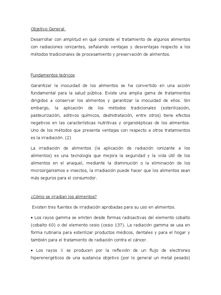 Irradiacion Alimentos | PDF | Radiación ionizante | Alimentos