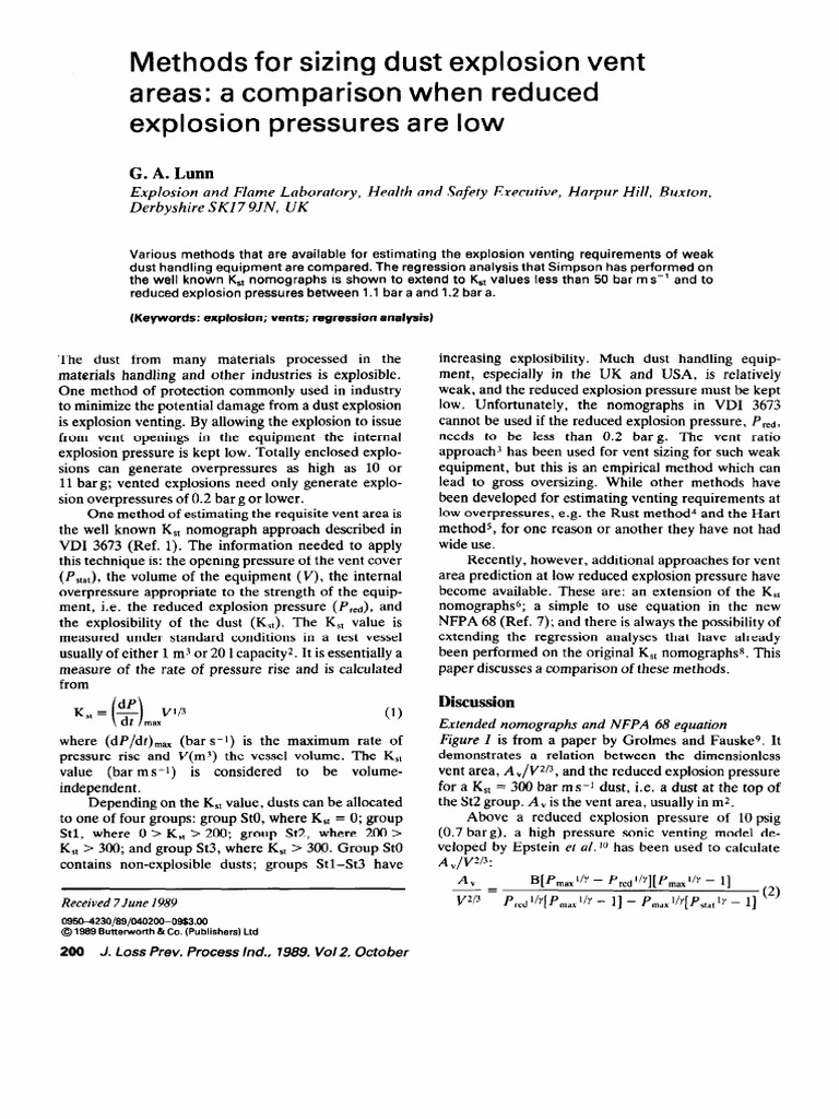 Methods For Sizing Dust Explosion Vent Areas A Comparison When Reduced