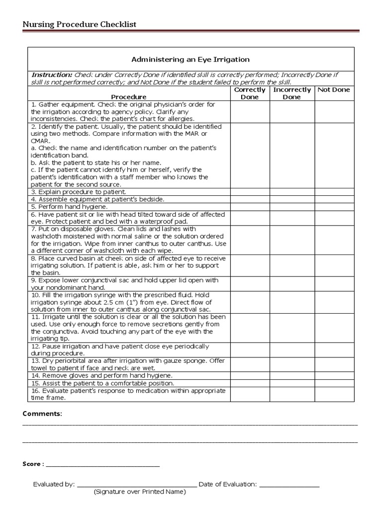 Nursing Procedure Checklist Administering An Eye Irrigation PDF