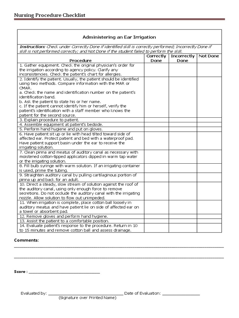 Nursing Procedure Checklist Administering An Ear Irrigation PDF