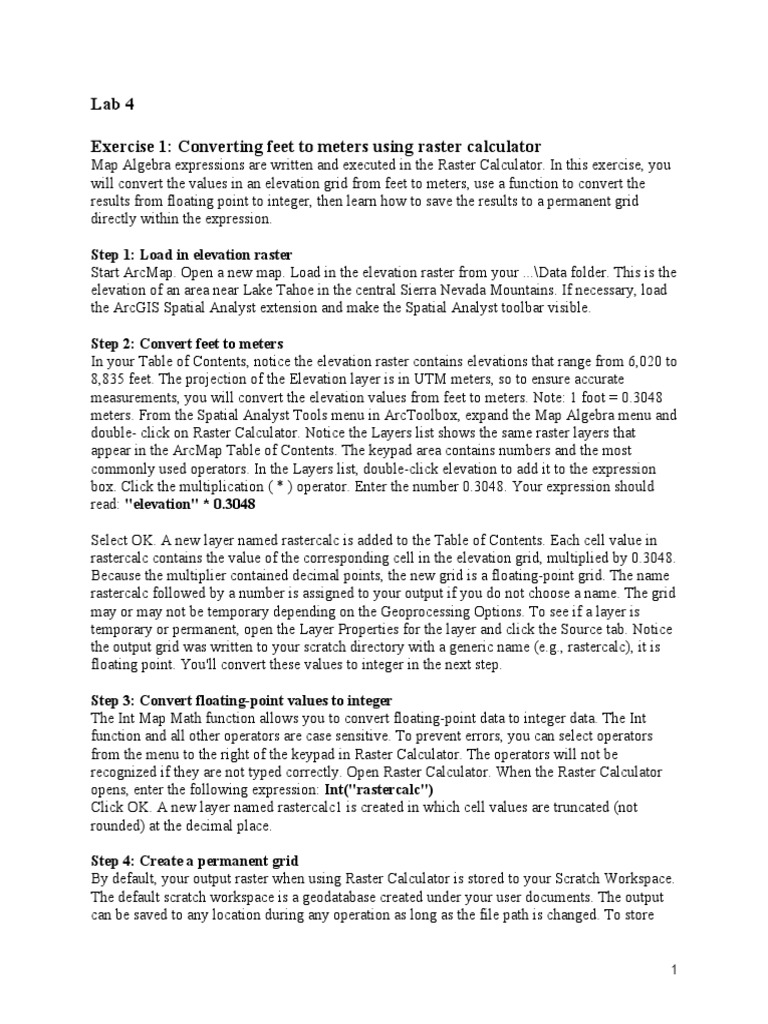 Lab 4 Exercise 1 Converting Feet To Meters Using Raster Calculator