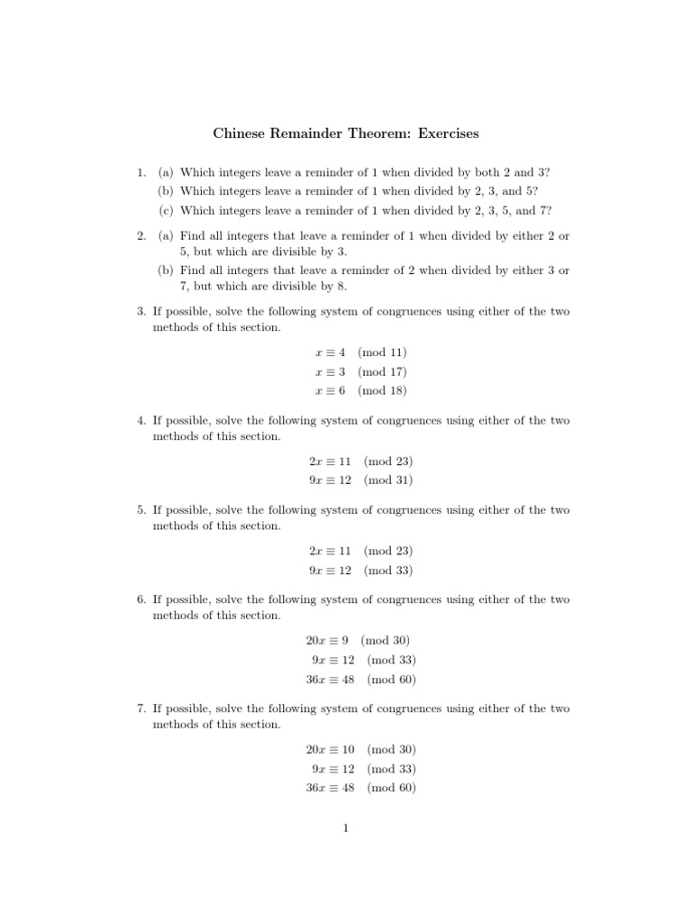 Chinese Remainder Theorem: Exercises | PDF | Determinant | Number Theory