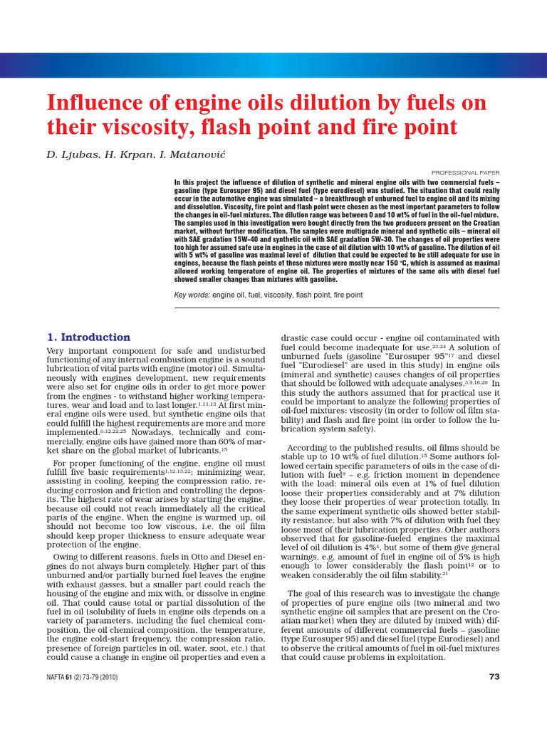 Effect On Engine Oil Dilution by Fuels PDF Motor Oil Viscosity