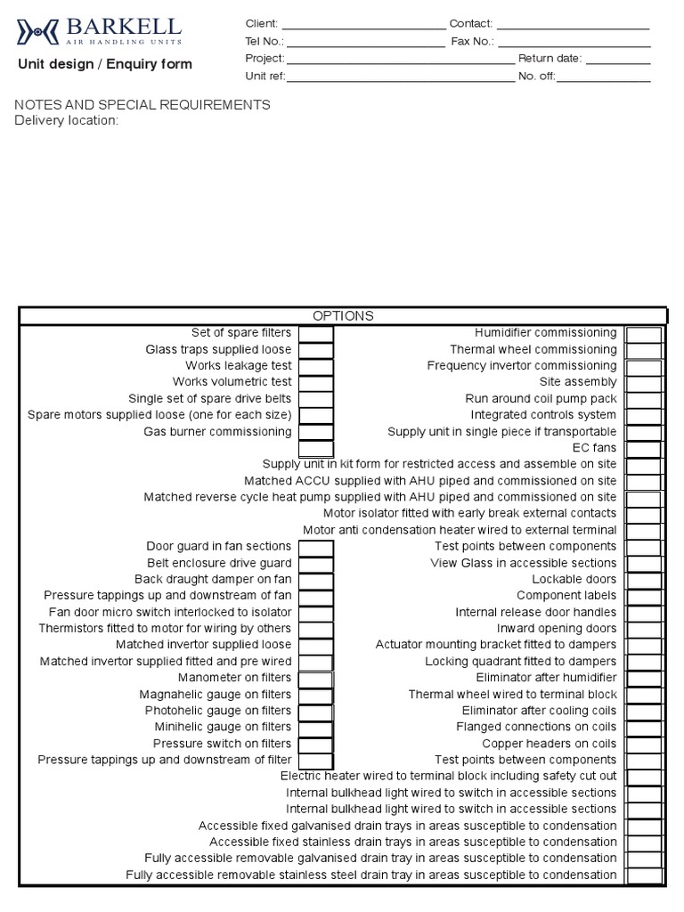 Air Handling Unit Design Inquiry Form | PDF | Home Appliance | Equipment