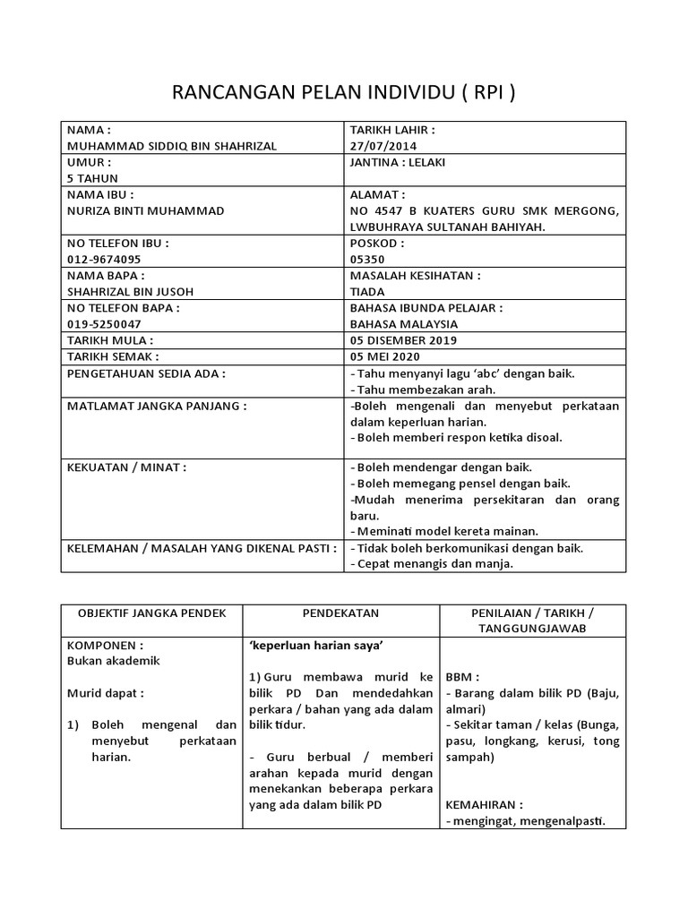 Rancangan Pelan Individu Siddiq | PDF