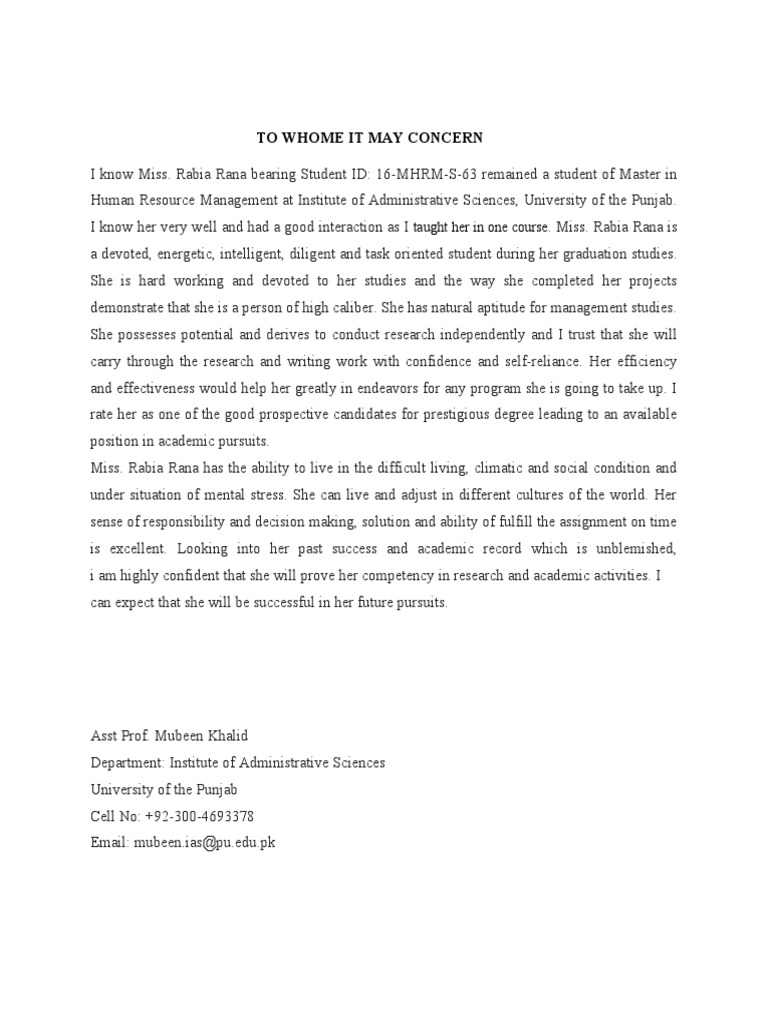 Recommendation for Rabia Rana, HRM Student | PDF