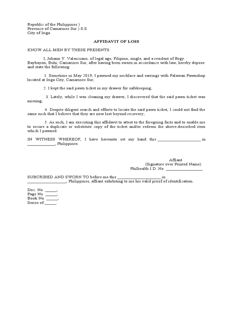 Affidavit of Loss for Pawn Ticket | PDF | Social Science | Wellness