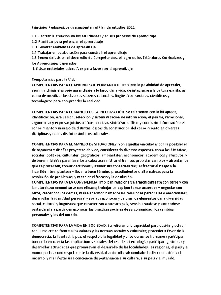 Principios Pedagógicos del Plan 2011 | PDF | Aprendizaje | Plan de estudios