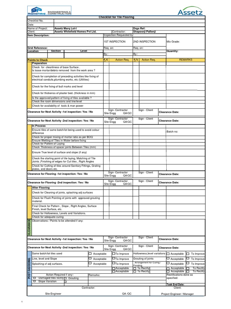 Tile Flooring Inspection Checklist | PDF | Tile | Building Technology
