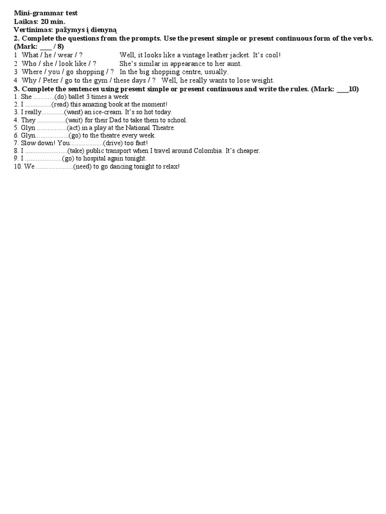 Present Simple vs Continuous Test | PDF | Foreign Language Studies