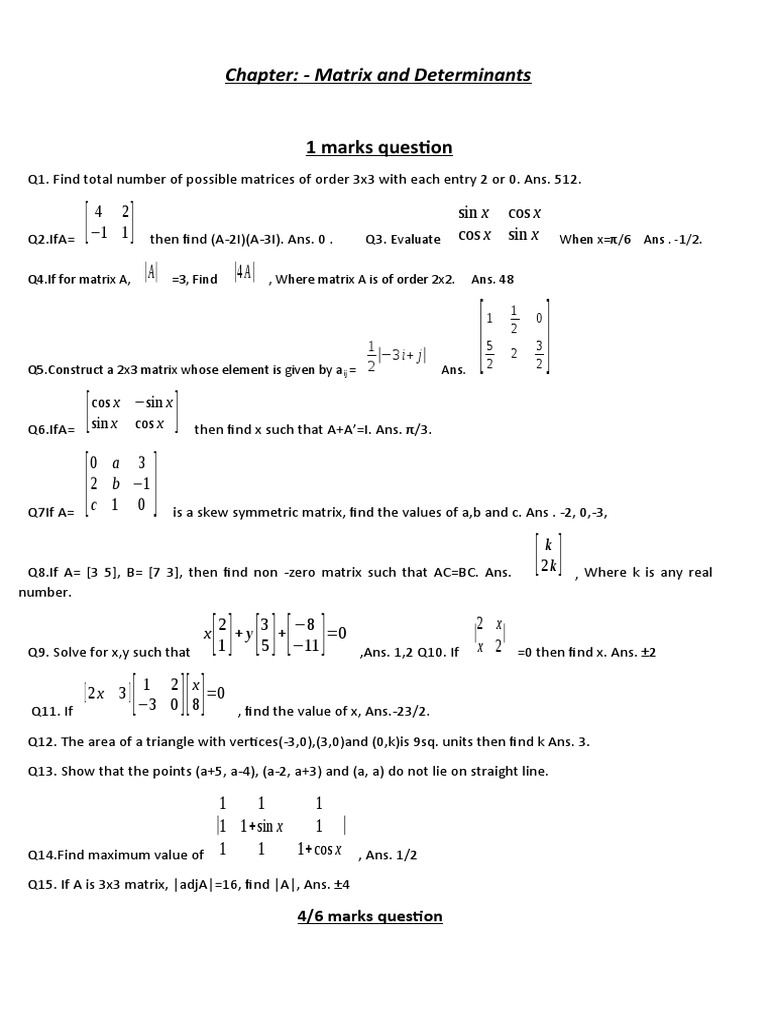Chapter Matrix and Determinants 1 Marks Question PDF Matrix