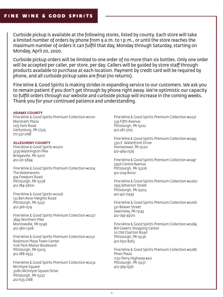 Fine Wine Good Spirits Curbside Pickup Store List Urban Planning Retailing