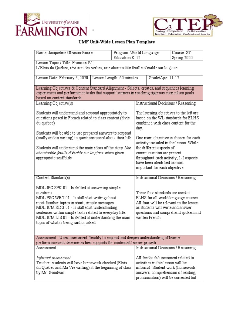 UMF Unit-Wide Lesson Plan Template: Abominable Feuille D'érable Sur La ...