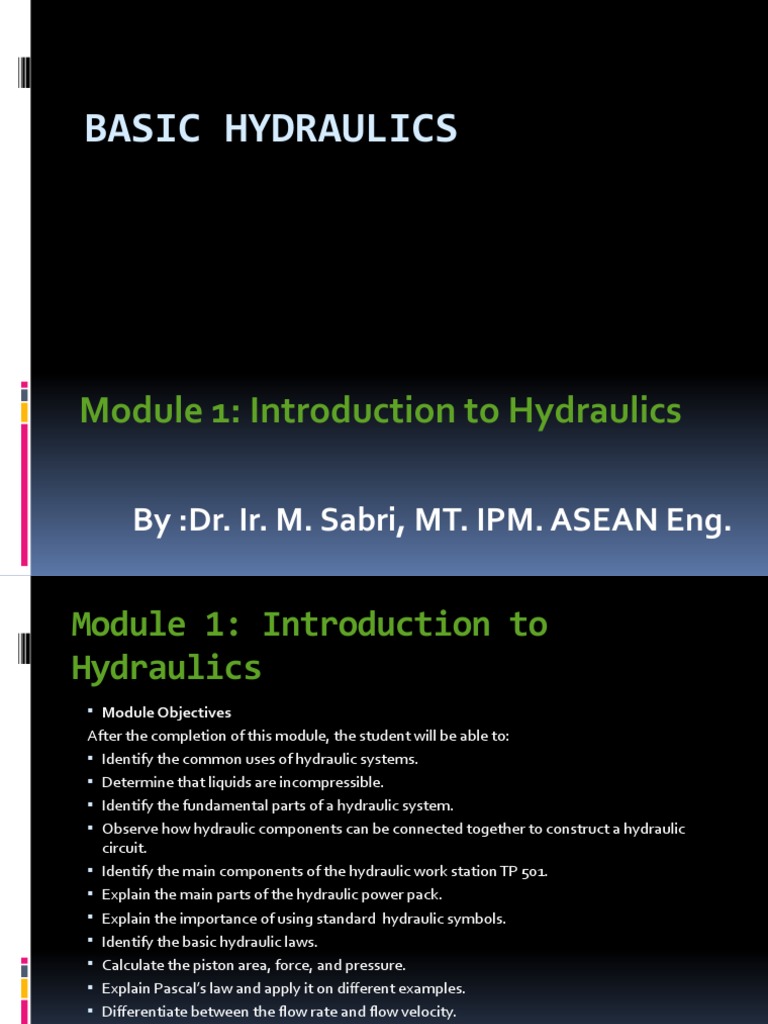 Basic Hydraulics Module 1 Introduction To Hydraulics PDF Brake Pump