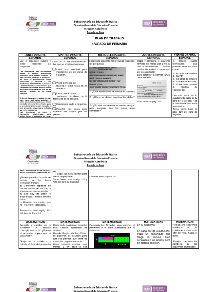 Plan de Trabajo Cuarto Grado Primaria | PDF | Educación primaria ...