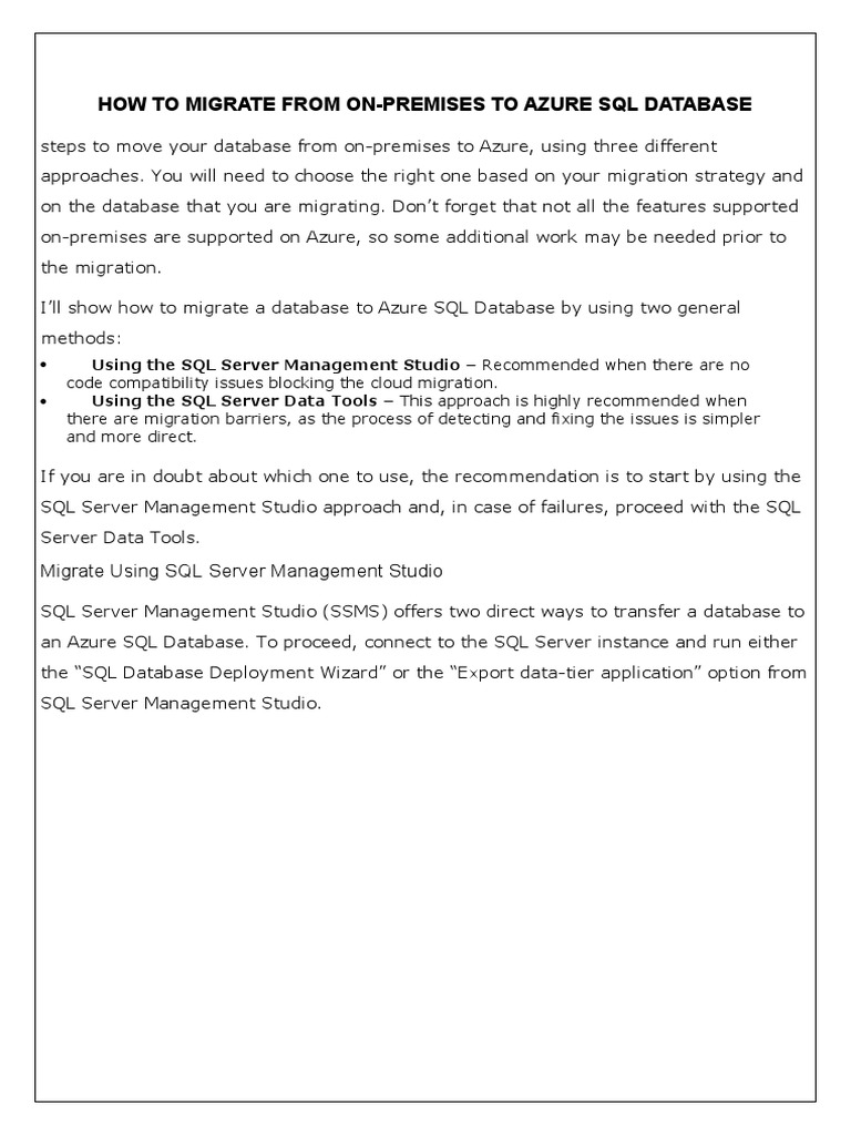 Migrate From On-Premises To Azure SQL Database | PDF | Microsoft Sql ...