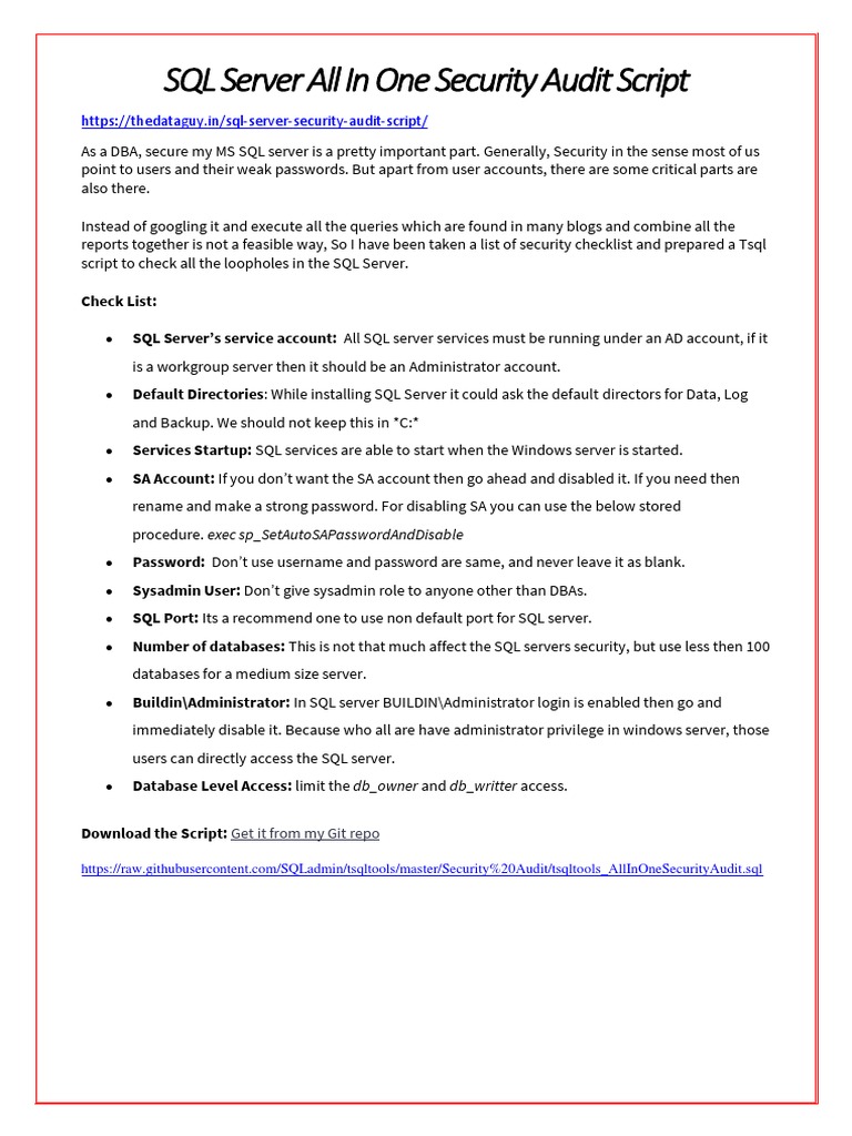 SQL Server All in One Security Audit Script PDF | PDF