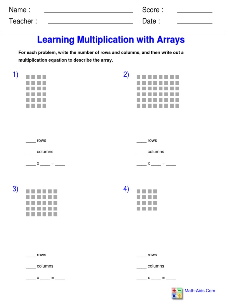 multiplication problems arrays | Matrix (Mathematics) | Algebra | Free