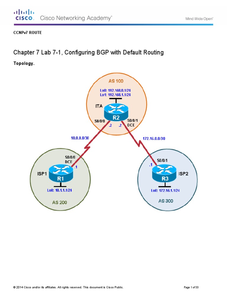 Chapter 7 Lab 7-1, Configuring BGP With Default Routing: Topology | PDF ...