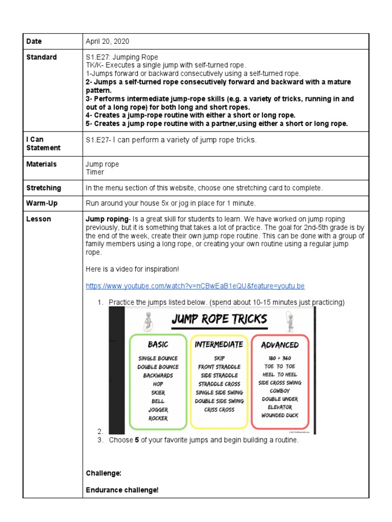 Jump Rope Skills and Routine Guide | PDF | Language Arts & Discipline
