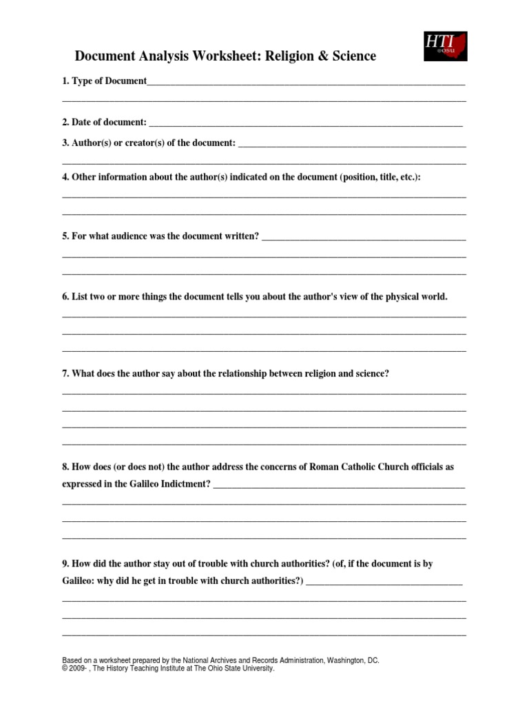 Document Analysis Worksheet Religion Science Document Religion And Belief