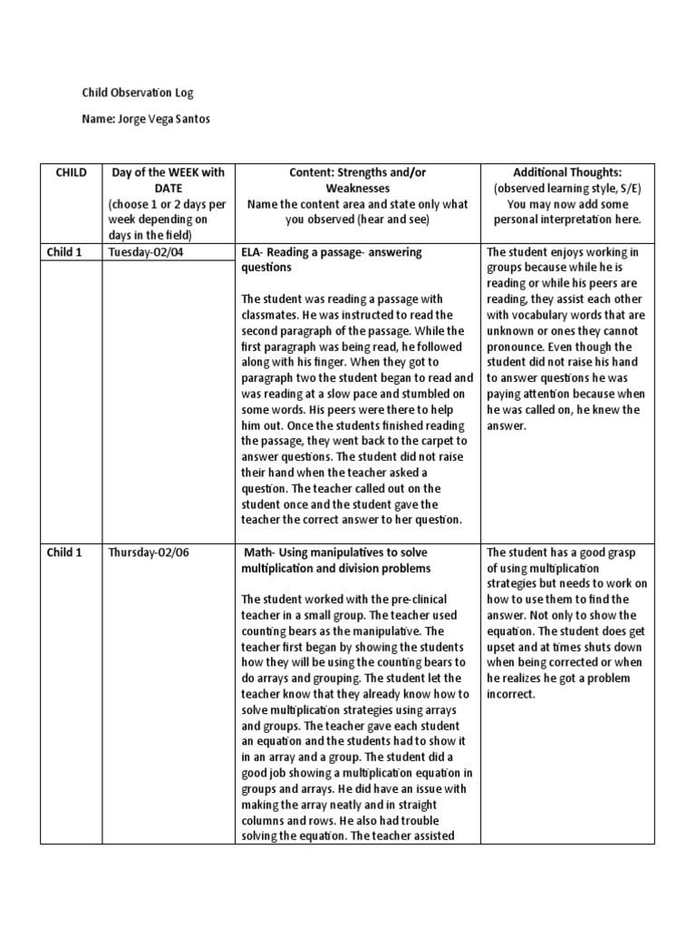 Child Observation Logs - Assessment Portfolio | PDF | Phonics ...