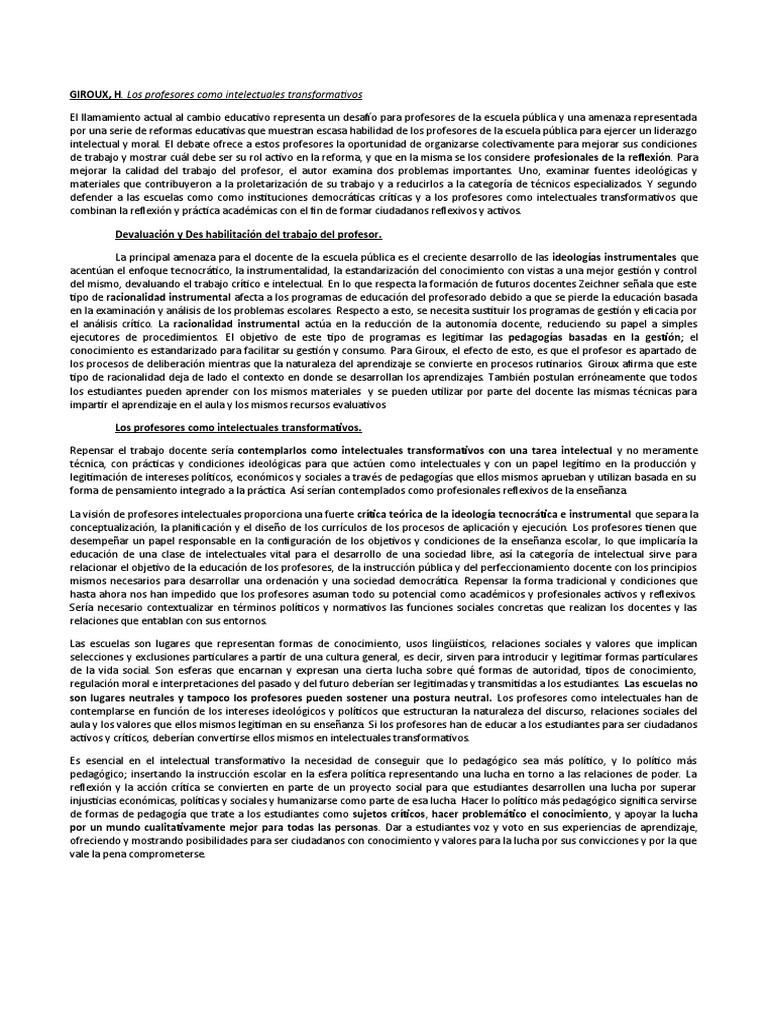 Giroux Los Profesores Como Intelectuales Transformativos PDF Intelectual Maestros