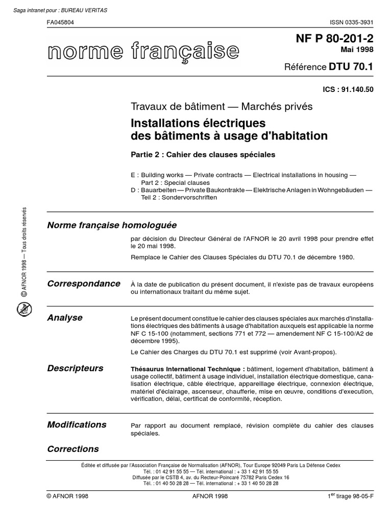 Norme Nf P 03 001 Dernière Version Pdf DTU 70-1 Install Elec | PDF | Code de la construction et de l'habitation |  Entrepreneur principal