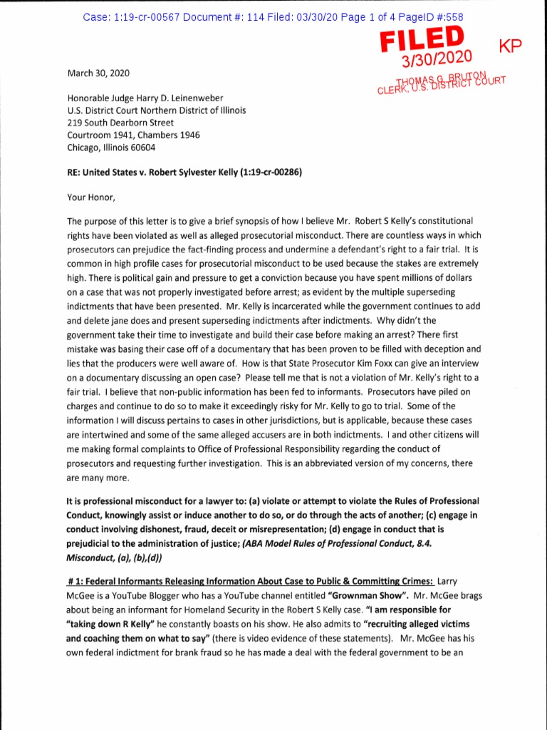 R. Kelly Fan Letter To Court | PDF | Prosecutor | Indictment